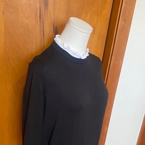 Brooks Brothers Black Crew Neck Sweater White Ruffle Collar Detail 100% Cotton - Picture 2 of 8